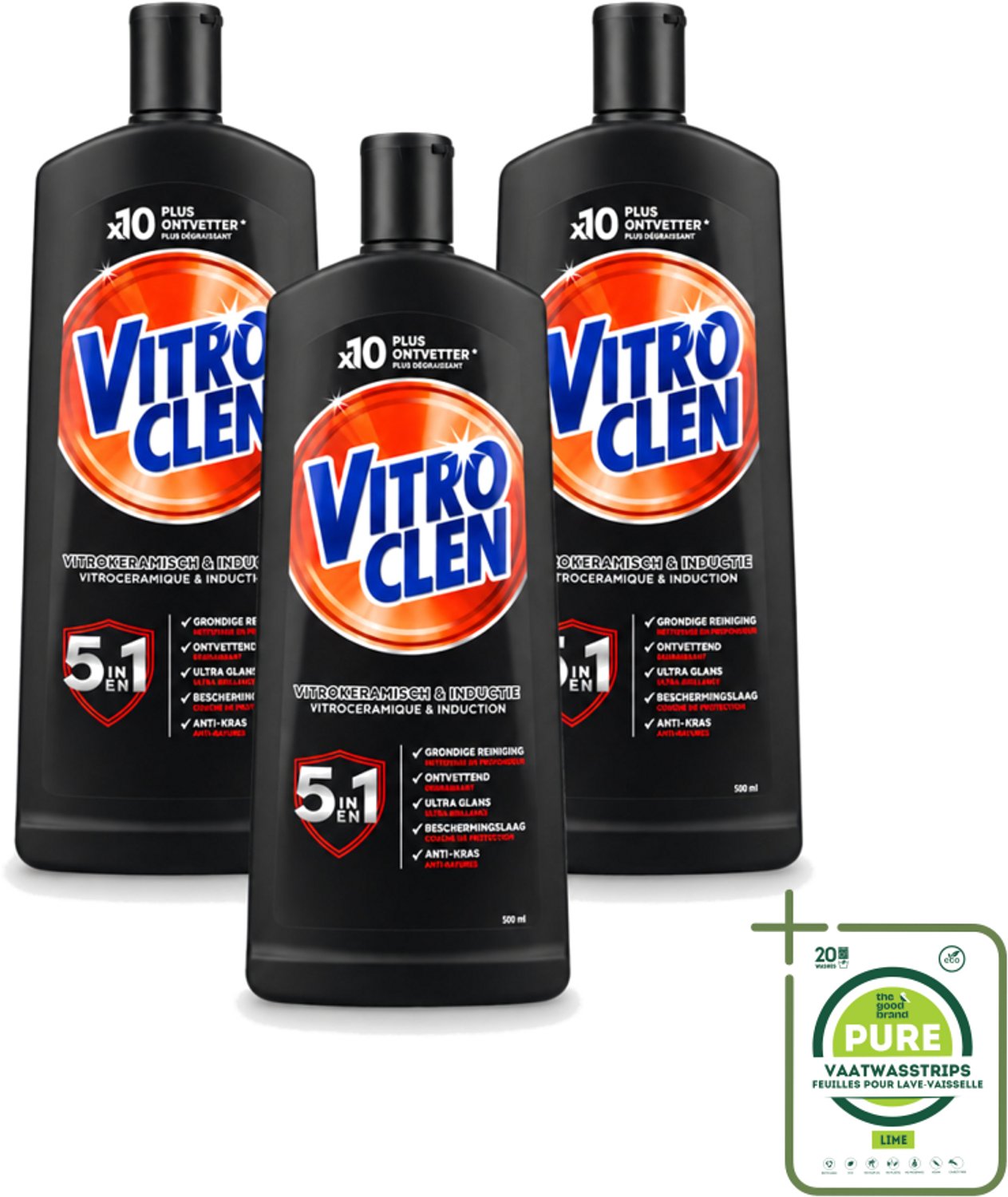 3 x Vitroclen - Kookplaatreiniger - Keramisch & Inductie - 5 in 1 - 500 ml - Grootverpakking - Vaatwasstrips - Keramische Kookplaat Reinigen - Inductiekookplaat Reinigen - Kookplaat Reiniger - Kookplaat Beschermen - Vlekken Verwijderen