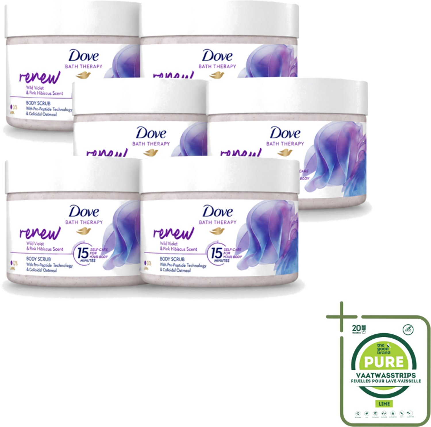 6 x Dove Bath Therapy Renew - Bodyscrub - Wilde Viooltjes & Roze Hibiscus - 295 ml - Grootverpakking - Vaatwasstrips - Huidvernieuwing - Huidscrub - Exfoliatie - Zachte Huid - Huidverzorging