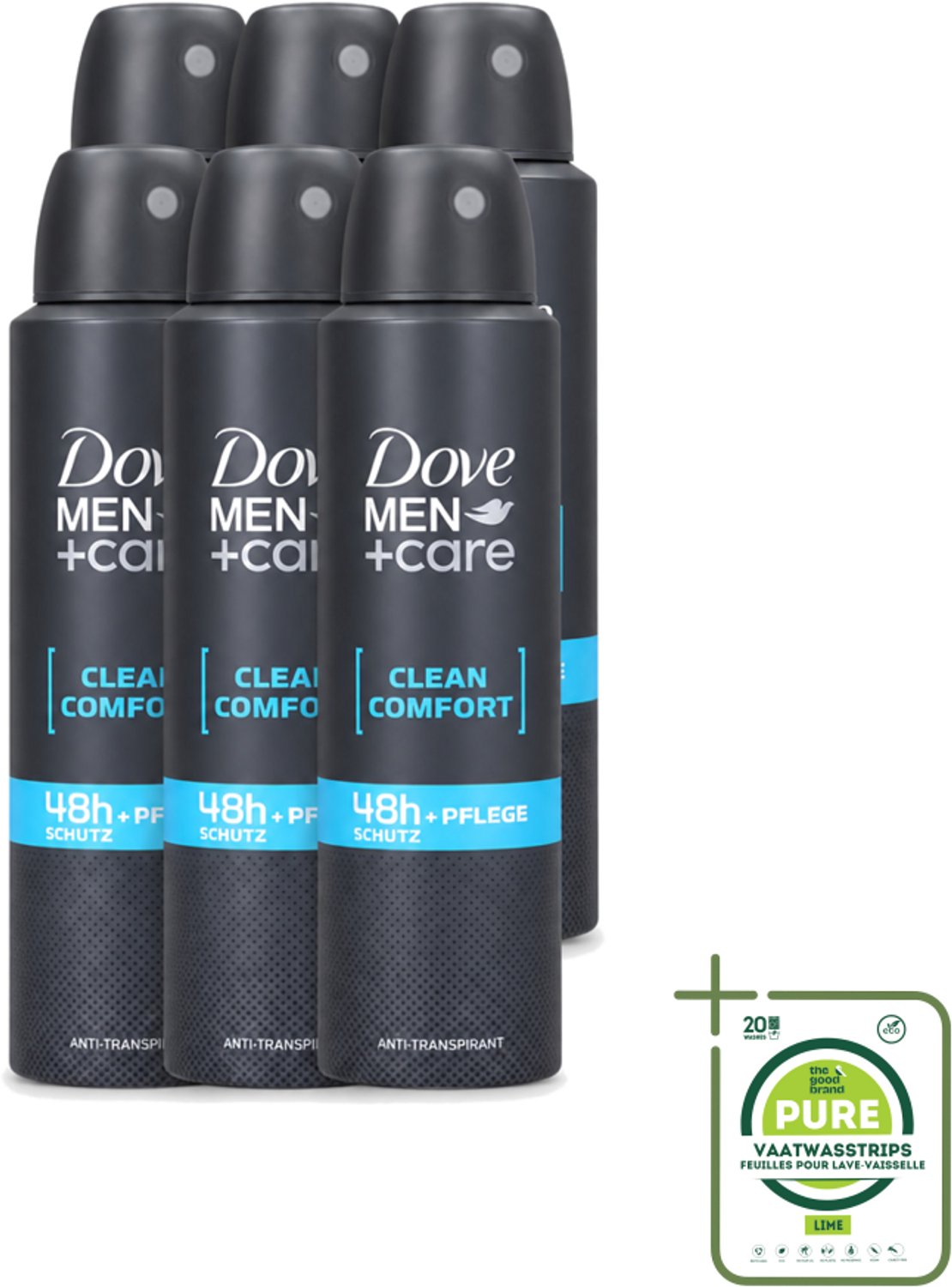 6 x Dove Men+Care - Clean Comfort - Deospray - Anti-Transpirant - 150 ml - Grootverpakking - Vaatwasstrips - Dove Men+Care - Deospray - Frisheid - Transpiratie - Huidbescherming