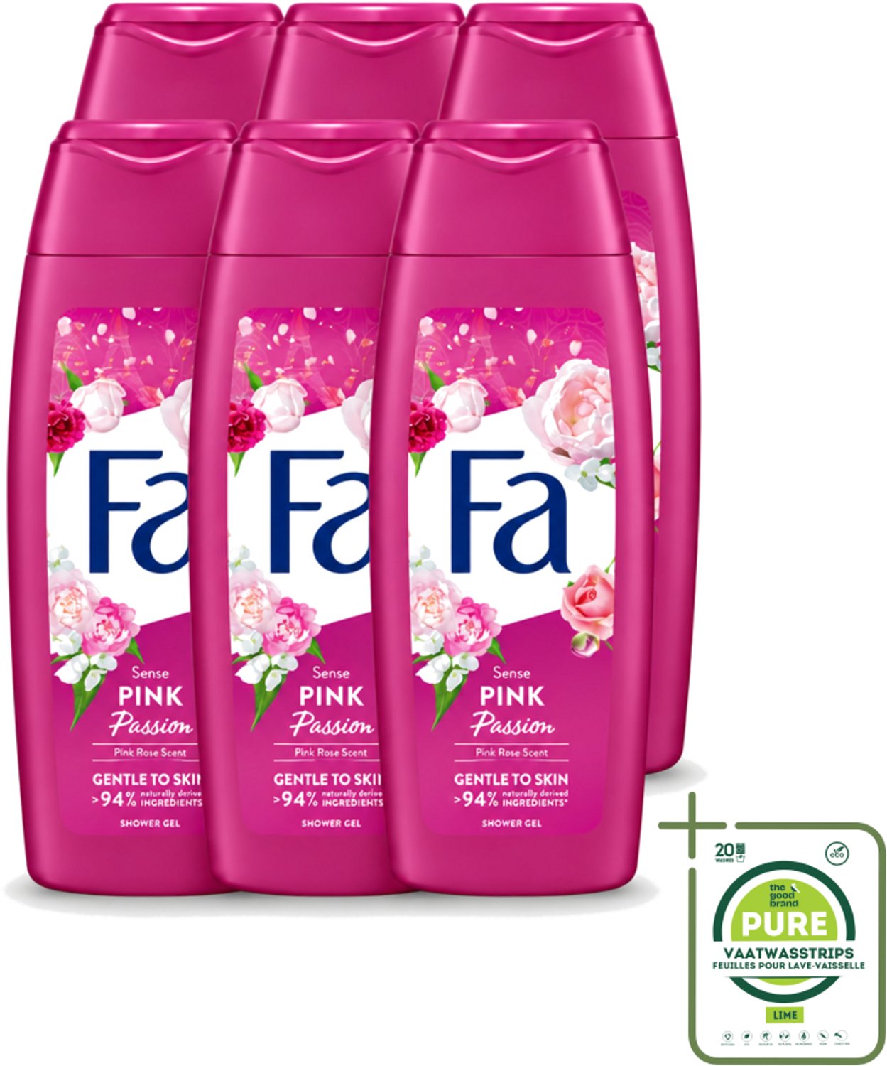6 x Fa - Pink Passion - Douchegel - Roze Roos - 250 ml - Grootverpakking - Vaatwasstrips - Douchegel Roze Roos - Roze Roos Geur - Douchegel Voor Huid - Huid Verzorging - Verfrissende Douchegel
