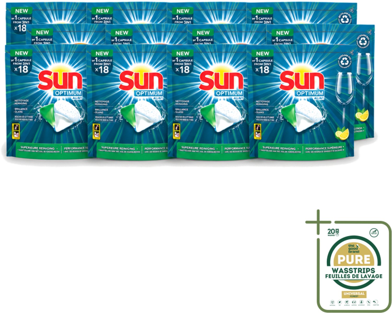 12 x Sun Optimum - All-in-1 - Vaatwasmiddel - Capsules - Citroen - 18 Capsules - Wasstrips - Vaatwasmiddel - Vaatwascapsules - Citroen - Reiniging - Spoelglans