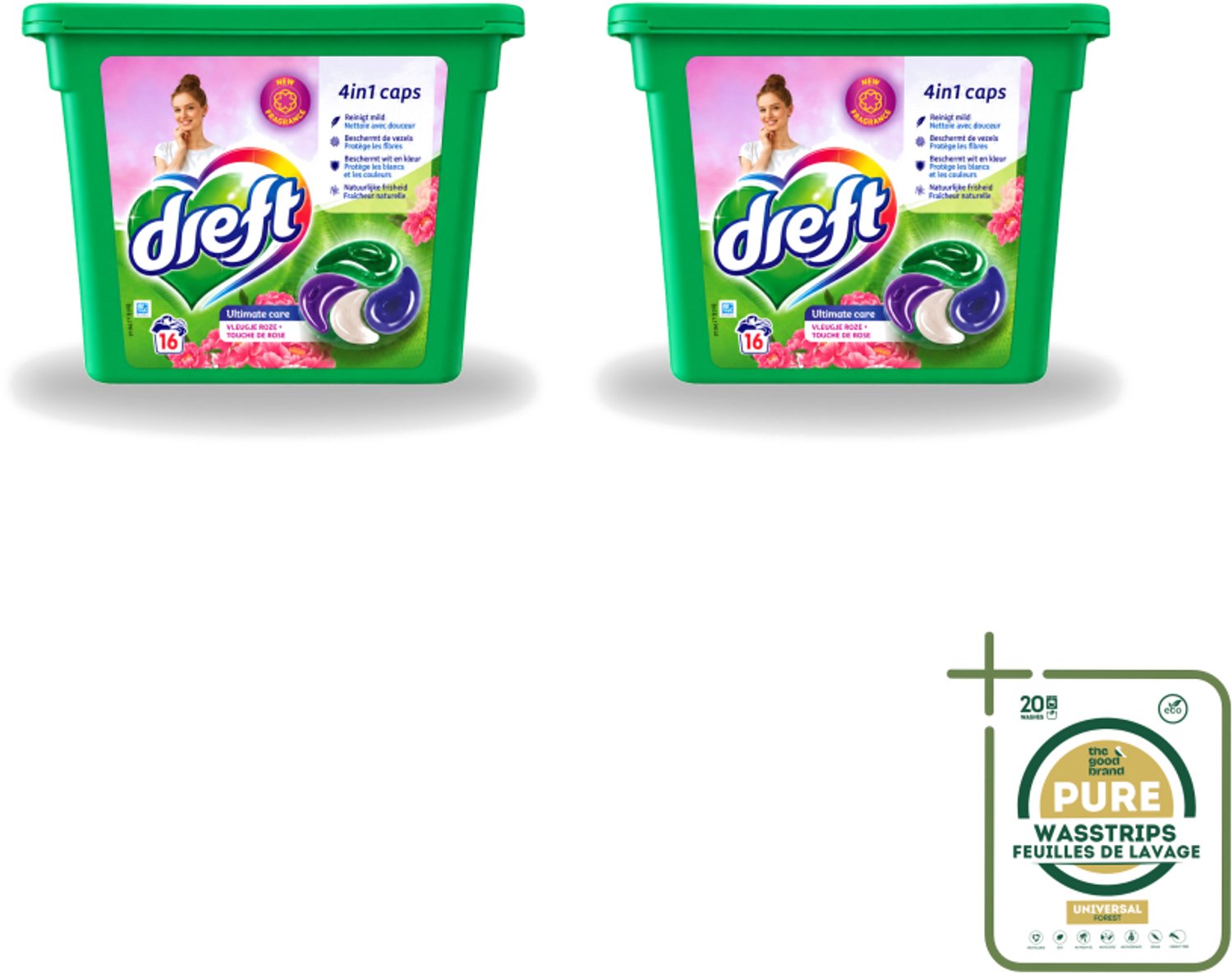 2 x Dreft - Wasmiddelcapsules 4in1 - Witte en Gekleurde Was - Vleugje Roze - 16 Wasbeurten - Wasstrips - Wasmiddelcapsules - Was - Kleurenbeschermer - Vlekkenverwijdering - Frisse Geur