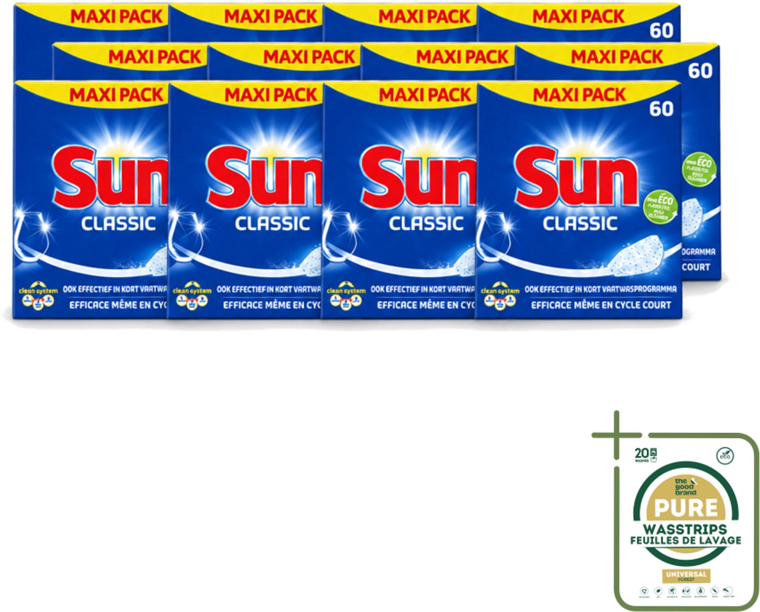 12 x Sun Classic - Vaatwastabletten - Eco - Voordeelverpakking - 60 Tabletten - Wasstrips - Vaatwastabletten - Vaatwasser - Reiniging - Vaatwasmiddel - Eco-formule
