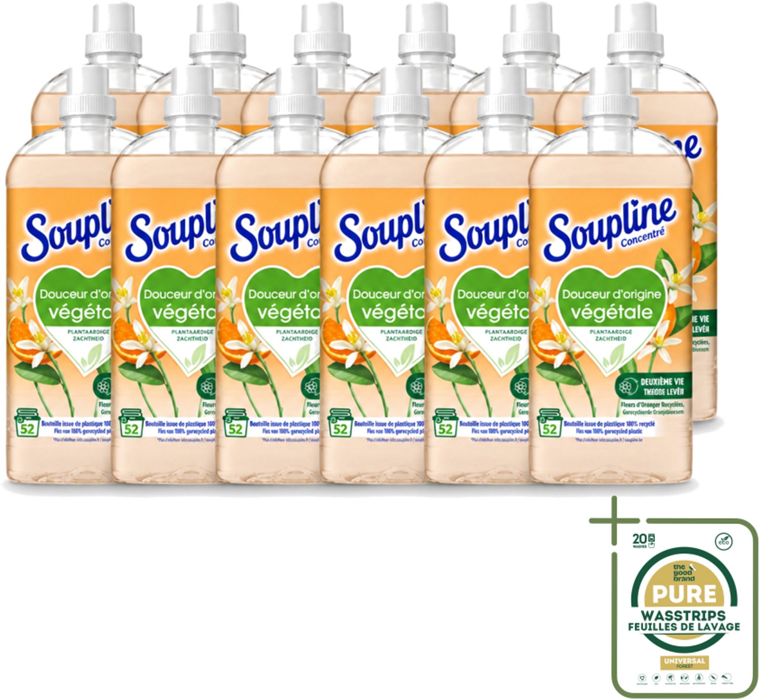 12 x Soupline - Wasverzachter - Oranjebloesem - 52 Wasbeurten - 1.3L - Wasstrips - Wasverzachter - Plantaardige Zachtheid - Oranje Bloesem - Zachte Was - Natuurlijke Zachtheid