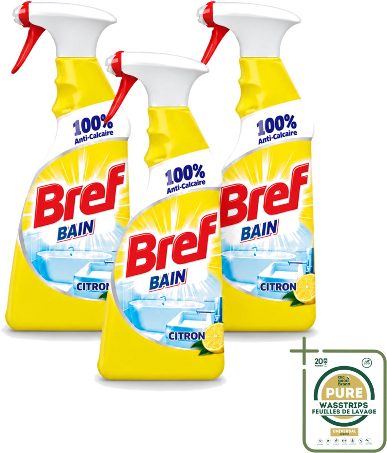 3 x Bref - Badkamerreiniger - Spray - Anti-Kalk - Citroen - 750 ml - Wasstrips - Badkamer Reiniger - Kalkbestrijder - Zeep En Vuil Verwijderen - Citroenspray - Badkamer Reinigen