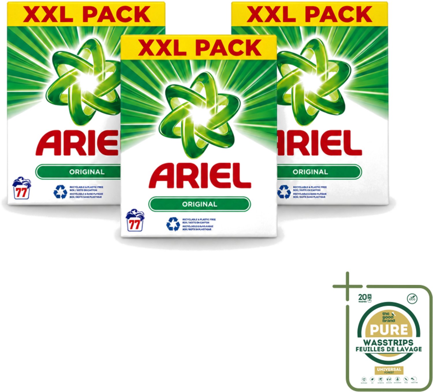 3 x Ariel Original XXL - Waspoeder - Witte en Lichtgekleurde Was - 77 Wasbeurten - Wasstrips - Waspoeder - Wasmiddel - Vlekverwijdering - Witte Kleding - Lichtgekleurde Kleding