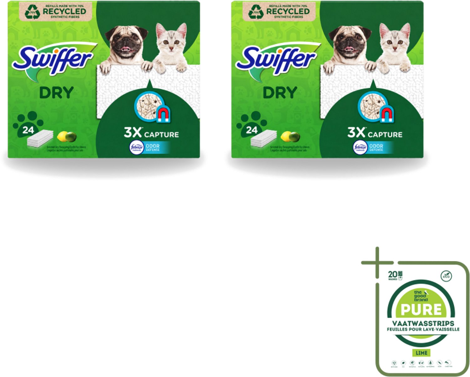 2 x Swiffer Dry - Vloerdoekjes - Navulling - Febreze Citroengeur - 24 Doekjes - Grootverpakking - Vaatwasstrips - Vloerdoekjes - Schoonmaken - Stof Vangen - Vuil Vangen - Haren Vangen