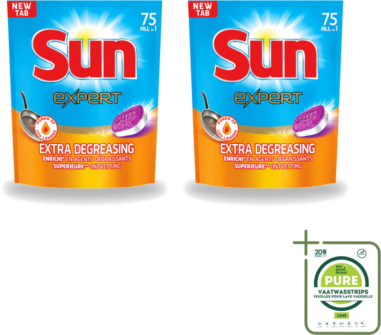 2 x Sun Expert - All-in-1 - Vaatwastabletten - Extra Ontvettend - 75 Tabletten - Grootverpakking - Vaatwasstrips - Vaatwastabletten - Vaatwasmiddel - Ontvetting - Vaatwasser - Vaat Reinigen