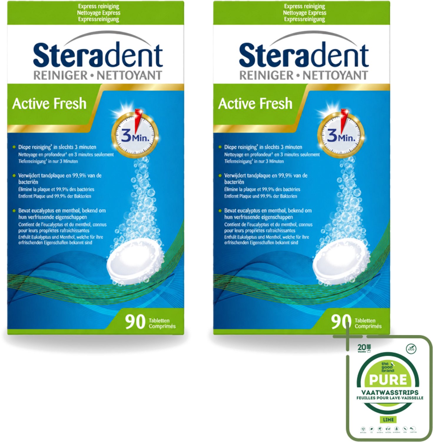 2 x Steradent - Kunstgebitreiniger - Active Fresh - Menthol En Eucalyptus - 90 Tabletten - Grootverpakking - Vaatwasstrips - Kunstgebit Reinigen - Kunstgebit Reiniging - Kunstgebit Reiniging Tabletten - Kunstgebit Frisheid - Kunstgebit Geur