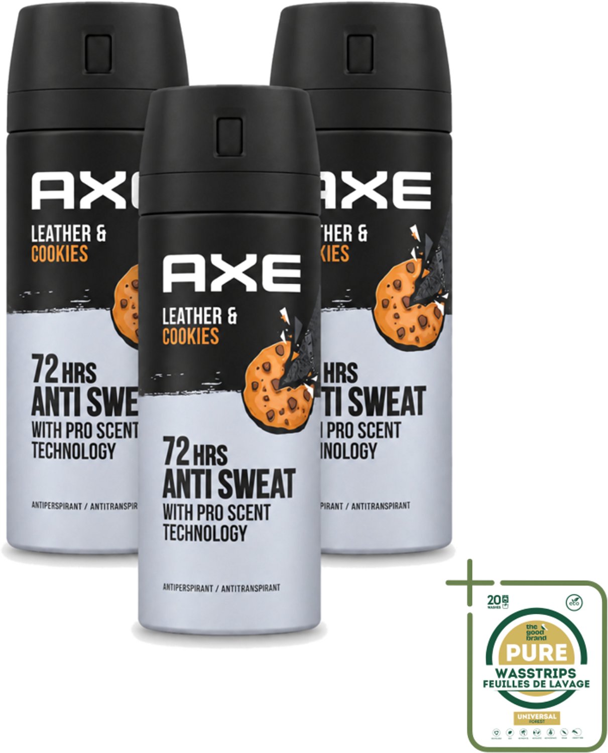 3 x Axe - Deodorant Spray - 72hrs Anti Sweat - Leather & Cookies - 150 ml - Wasstrips - 72 Uur Anti Zweet - Deodorant Spray - Zweetbestendig - Leer En Koekjes Geur - Langdurige Frisheid