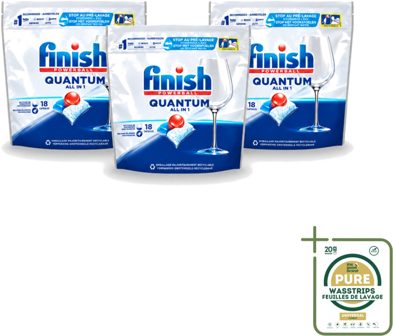 3 x Finish Powerball - Quantum All in 1 - Vaatwastabletten - Stralende Glans - 18 Tabletten - Wasstrips - Vaatwasmiddel - Vaatwastablet - Vaatwasmiddel Voor Glaswerk - Vaatwasmiddel Met Glans - Vaatwasmiddel Zonder Voorwas