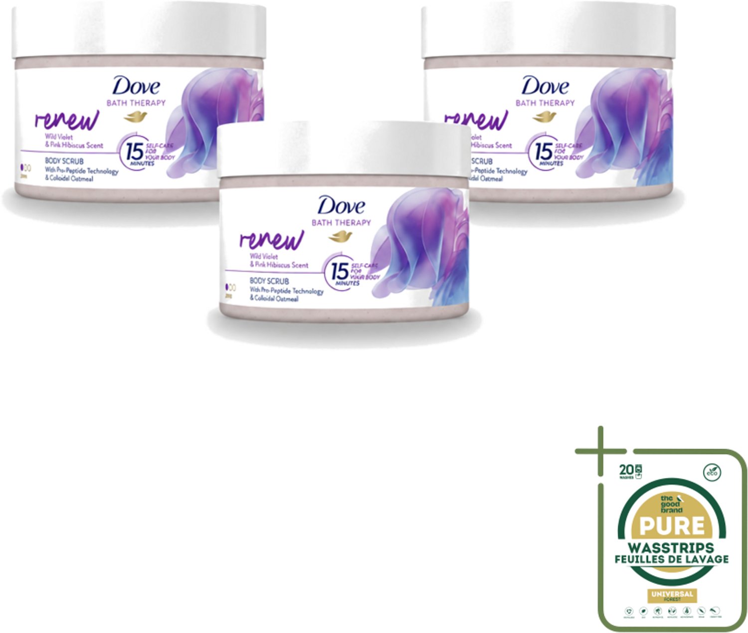 3 x Dove Bath Therapy Renew - Bodyscrub - Wilde Viooltjes & Roze Hibiscus - 295 ml - Wasstrips - Huidvernieuwing - Huidscrub - Exfoliatie - Zachte Huid - Huidverzorging