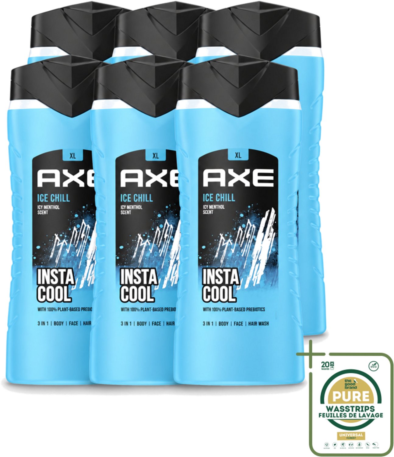 6 x Axe XL - 3-in-1 Douchegel - Ice Chill - Icy Menthol - Insta Cool - 400 ml - Wasstrips - Douchegel - Frisheid - Bevroren Munt - Citroen - 3-in-1