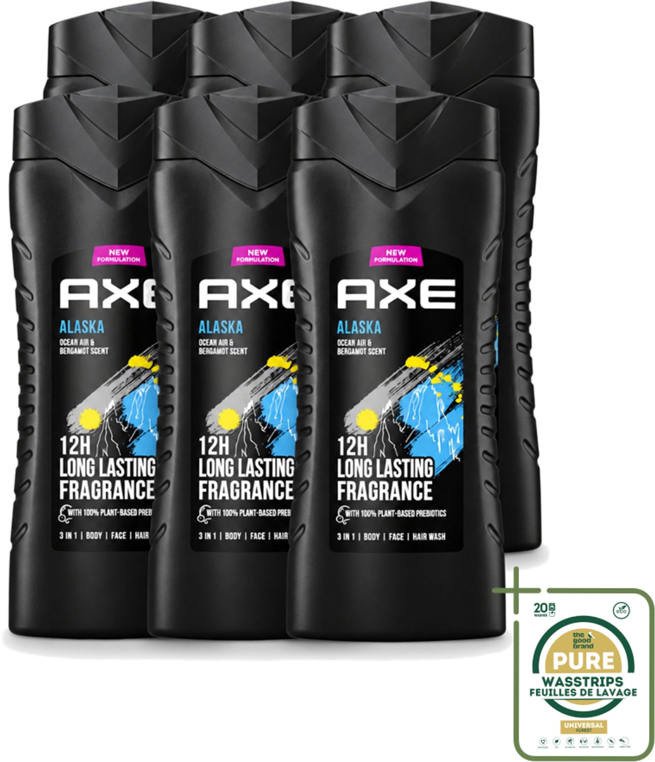 6 x Axe XL - 3-in-1 Douchegel - Alaska - Ocean Air & Bergamot - 12hrs Long Lasting Scent - 400 ml - Wasstrips - Douchegel - Oceaanlucht - Bergamot - Frisheid - 3-in-1