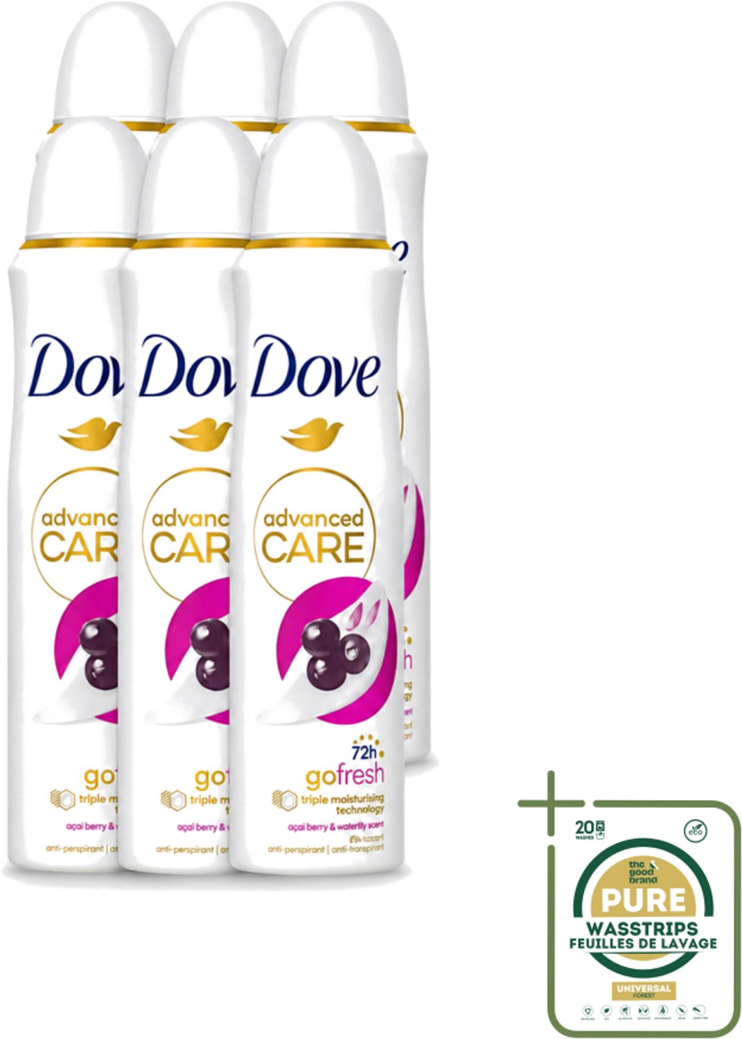 6 x Dove - Deospray - Acai Bes & Waterlelie - 150 ml - Wasstrips - Acai Bes & Waterlelie Deospray - Deospray Oksels - Geur Van Acai Bessen - Geur Van Waterlelie - Transpiratie Bescherming