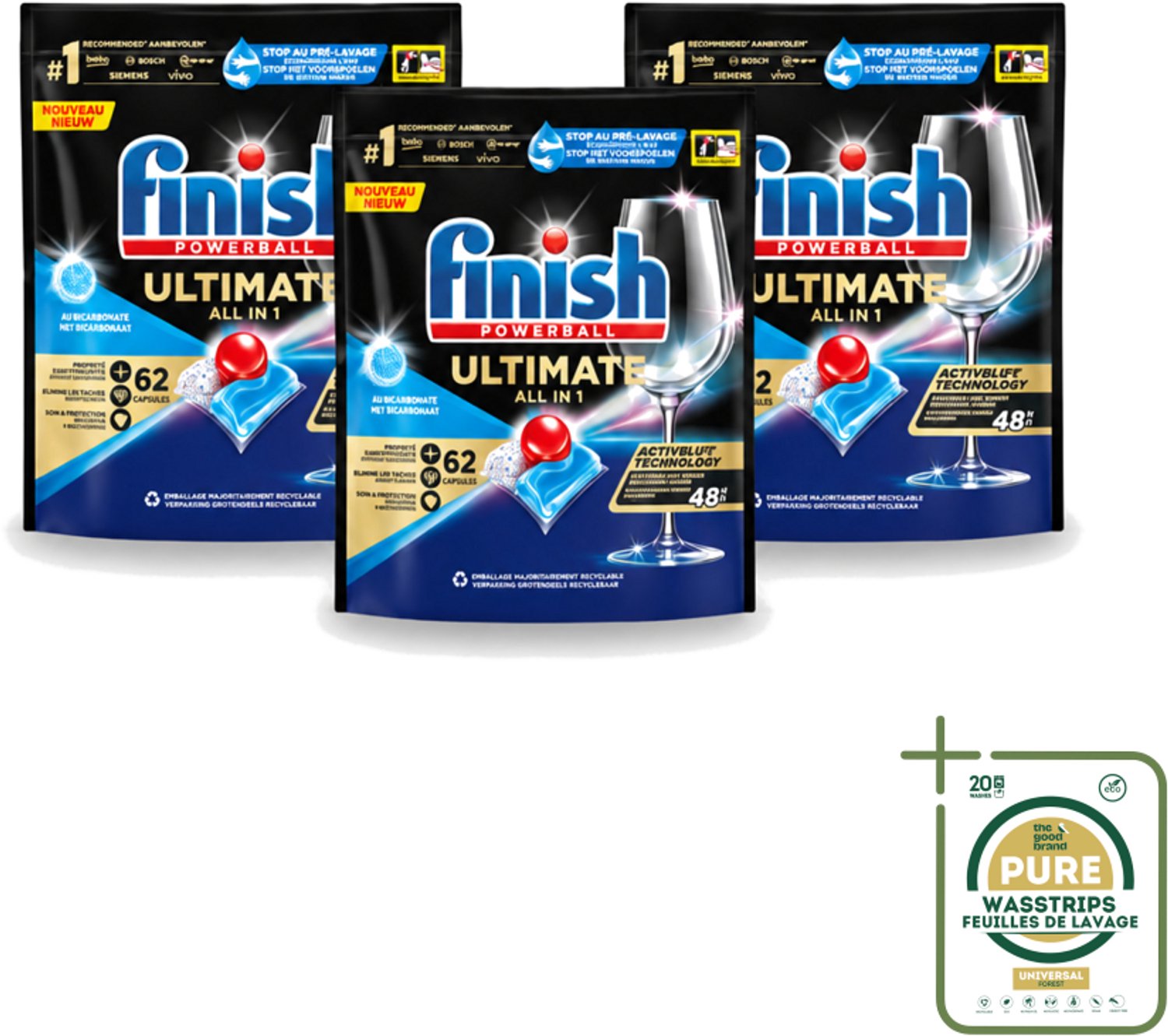 3 x Finish Powerball - Ultimate All in One - Vaatwastabletten - Met Bicarbonaat - 62 Capsules - Wasstrips - Vaatwasmiddel - Vaatwascapsules - Glans - Reiniging - Vlekken Verwijderen