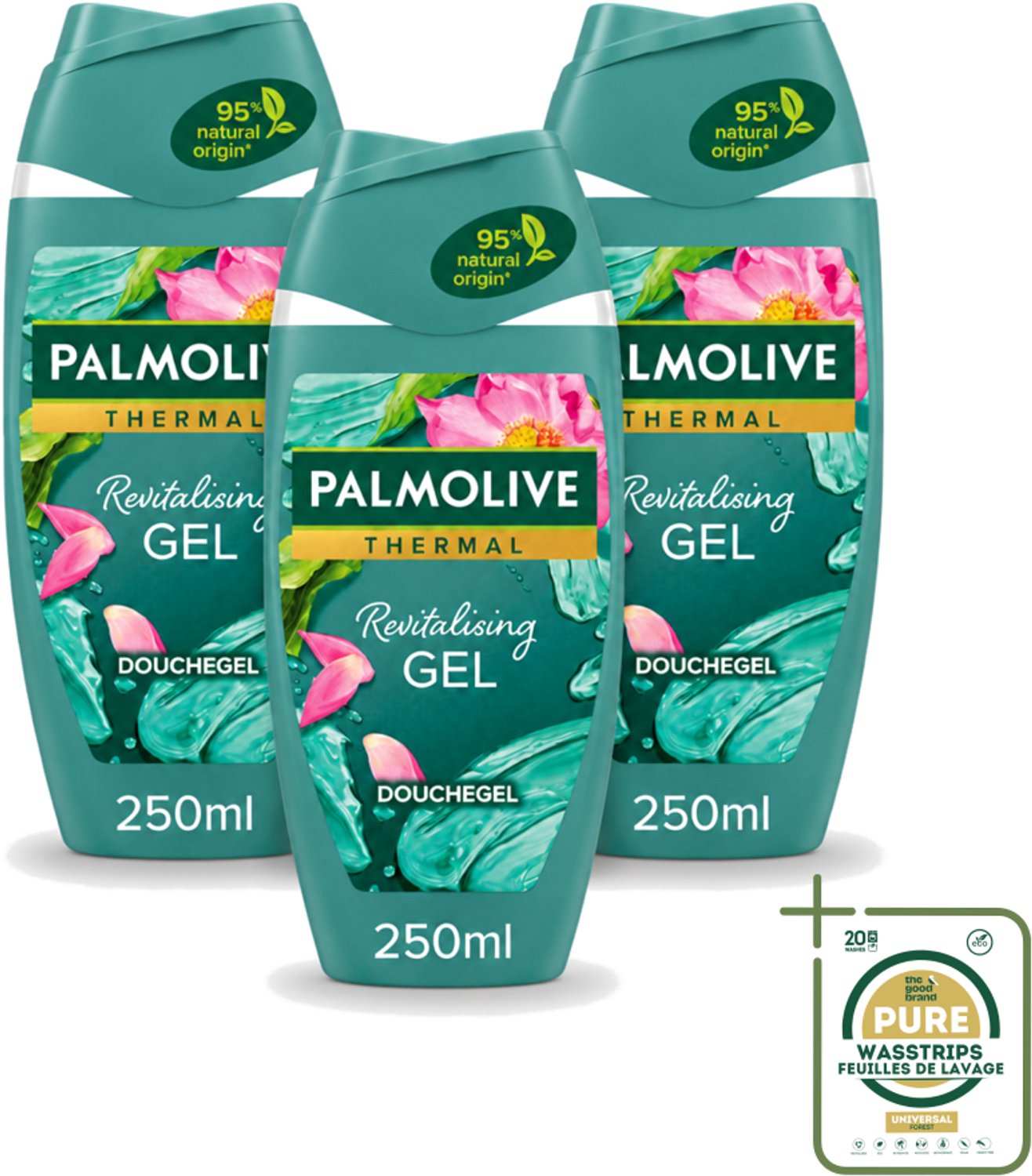 3 x Palmolive - Thermal - Douchegel - Algen & Lotusbloem - Revitalising Gel - 250 ml - Wasstrips - Douchegel - Algenextract - Lotusbloem - Revitaliserende Douchegel - Hydraterende Douchegel