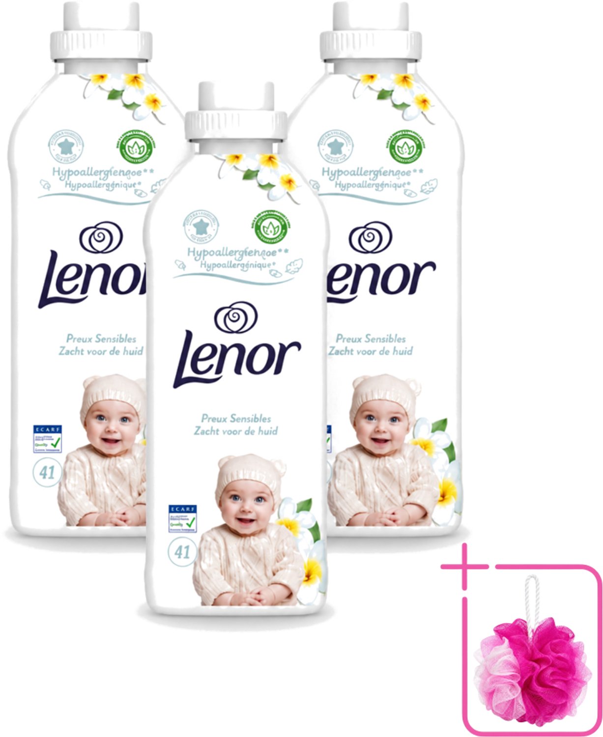 3 x Lenor - Wasverzachter - Gevoelig - Milde Geur - 41 Wasbeurten - Bulkverpakking - Wasverzachter - Douchemop - Gevoelige huid