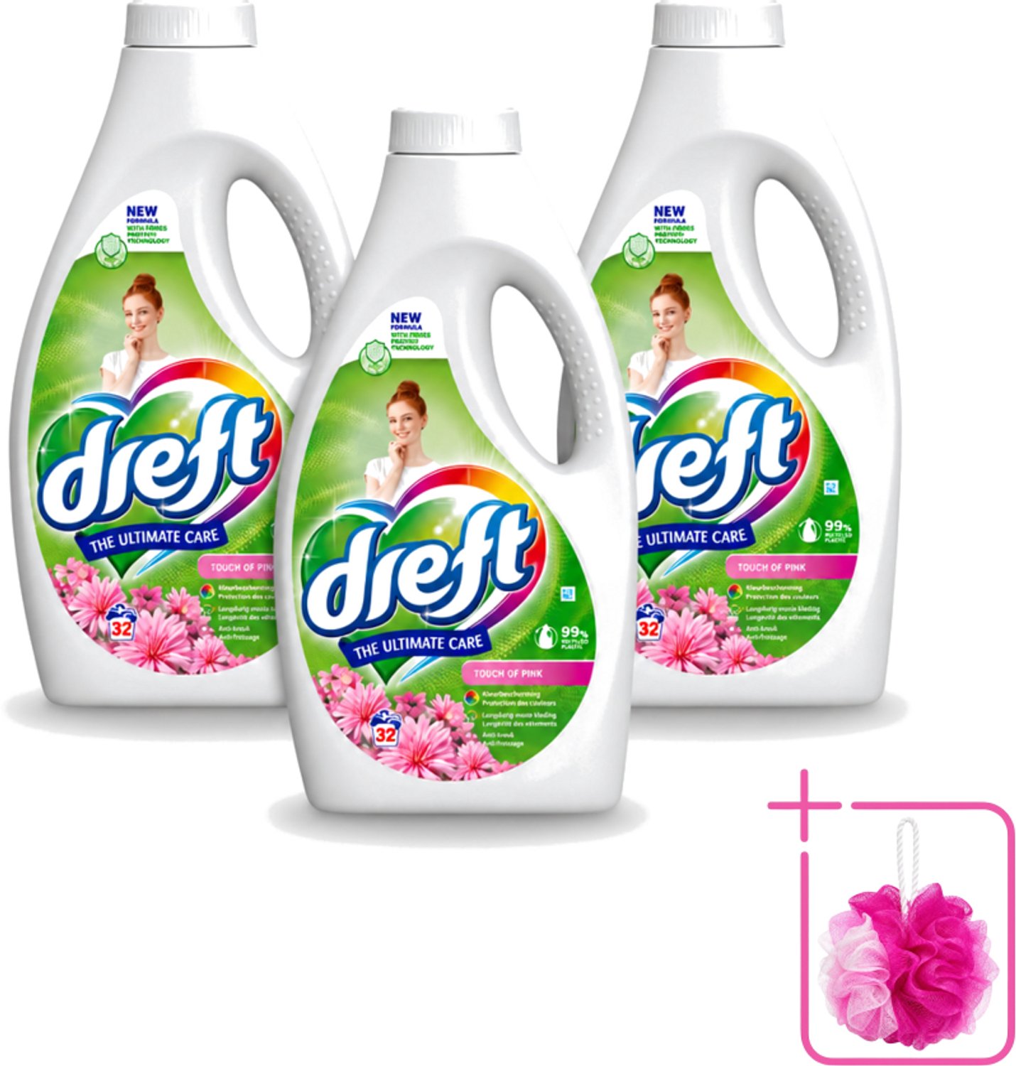 3 x Dreft - Ultimate Care - Vloeibaar Wasmiddel - Gekleurde Was - Een Vleugje Roze - 32 Wasbeurten - Bulkverpakking - Wasmiddel - Douchemop - Wasgoed reinigen