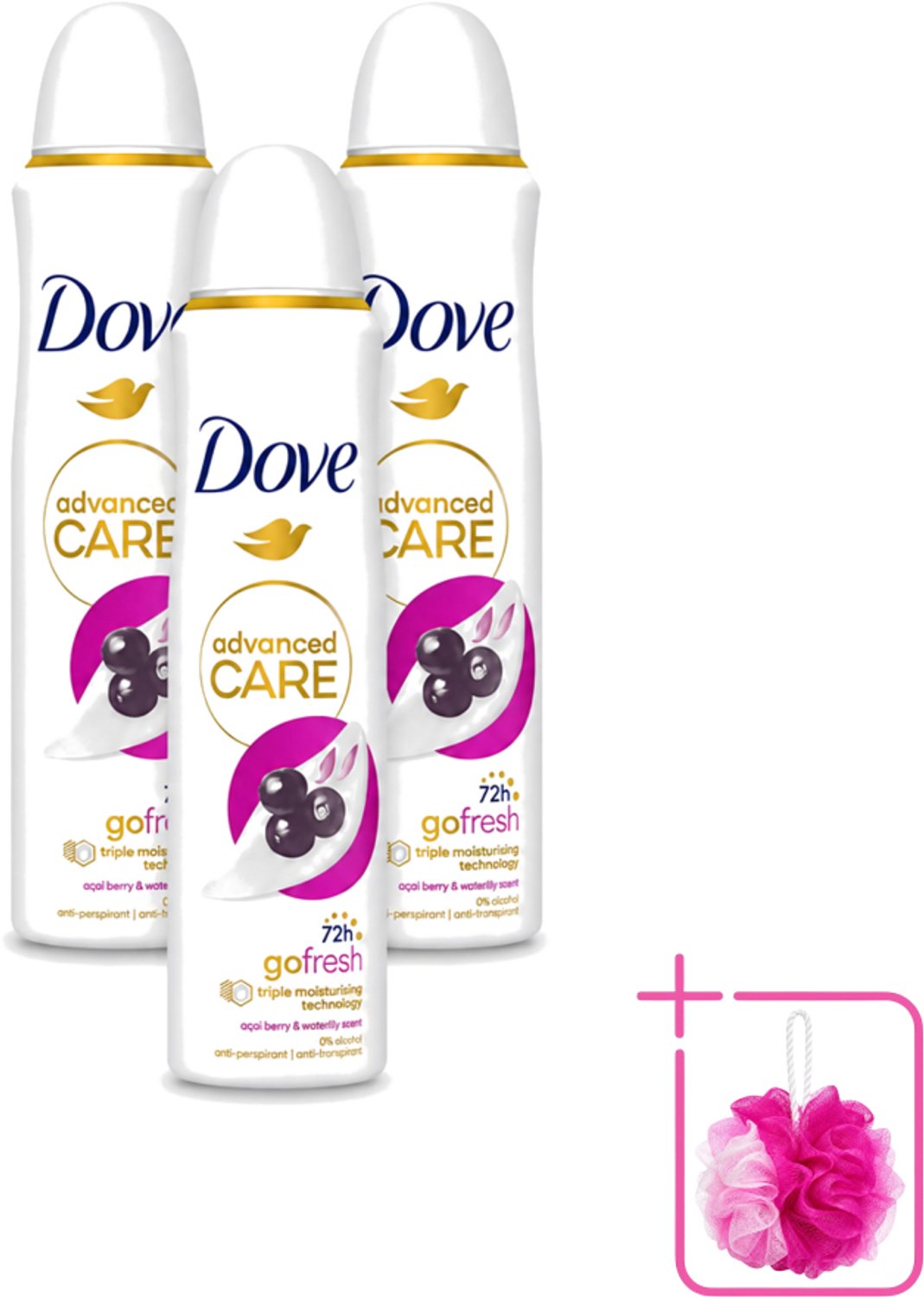 3 x Dove - Deospray - Acai Bes & Waterlelie - 150 ml - Bulkverpakking - Acai Bes & Waterlelie Deospray - Douchemop - Deospray oksels