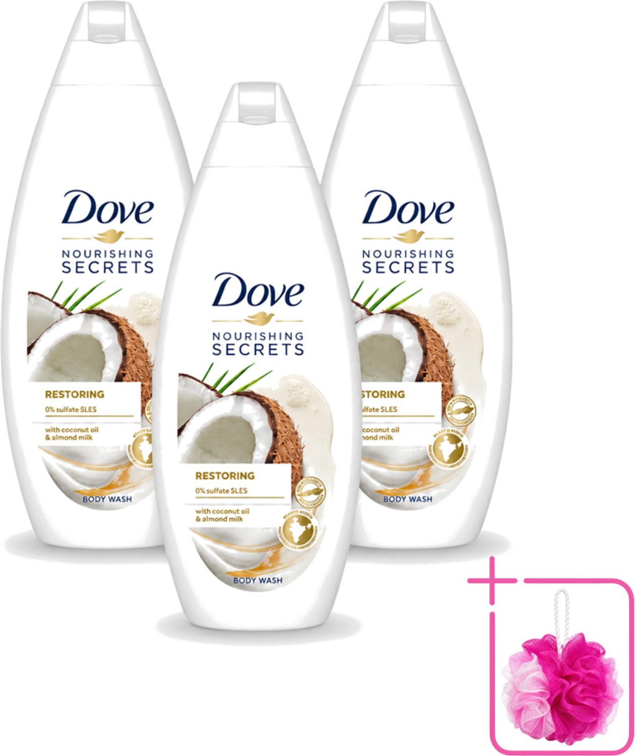 3 x Dove Nourishing Secrets - Douchegel - Kokosolie & Amandel melk - Sulfaatvrij - 250 ml - Bulkverpakking - Douchegel - Douchemop - Kokosolie