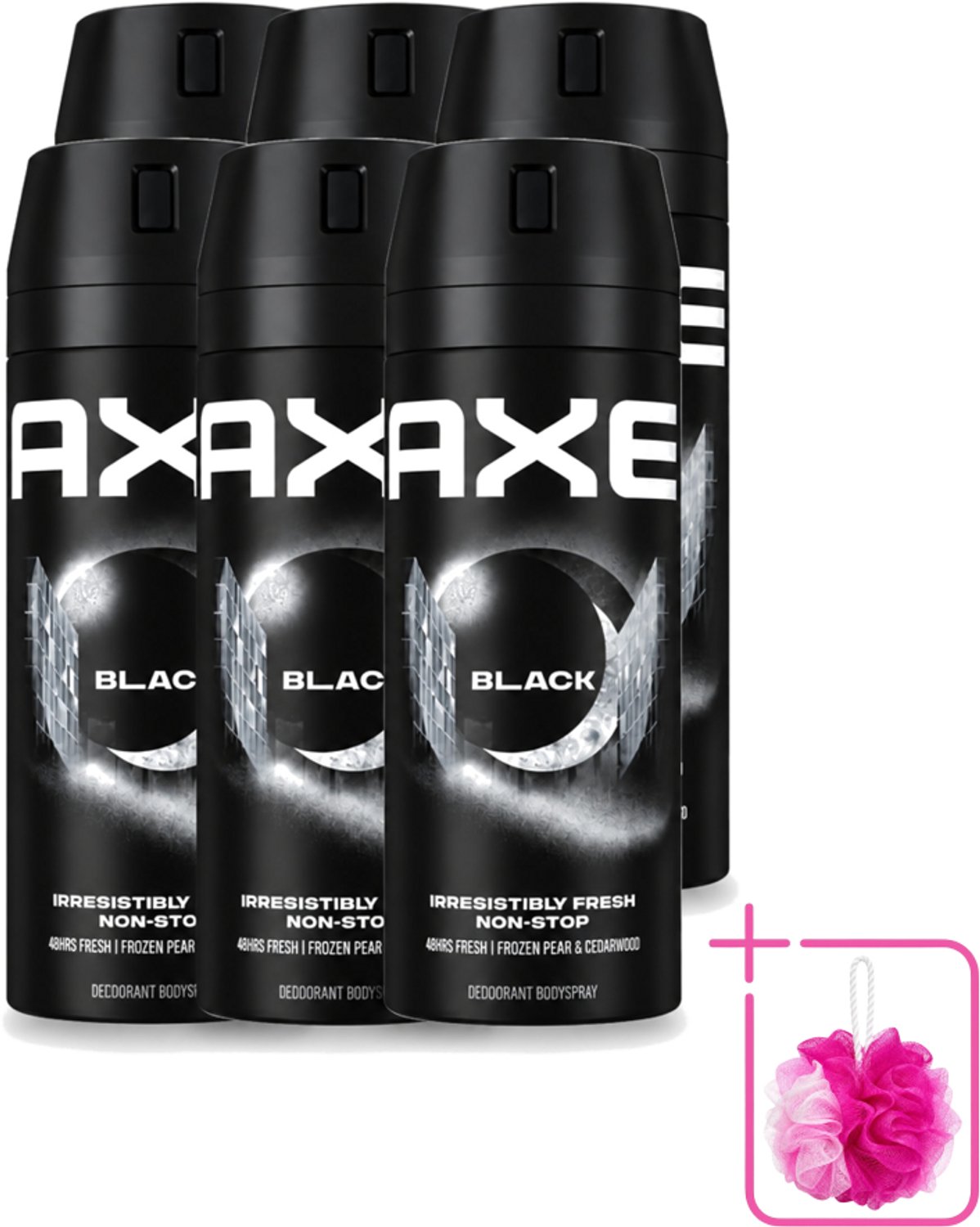 6 x Axe - Deodorant Bodyspray - 48hrs Fresh - Black - Frozen Pear & Cedarwoord - 150 ml - Bulkverpakking - 48 uur bescherming - Douchemop - Deodorant spray