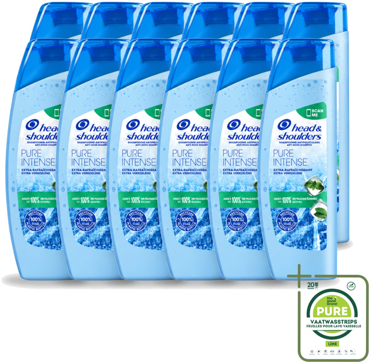 12 x Head & Shoulders - Anti-Roos Shampoo - Pure Intense - Extra Verkoelend - 250 ml - Grootverpakking - Vaatwasstrips - Roosvrij Haar - Roosbestrijding - Verkoelend Shampoo - Menthol Shampoo - Frisse Geur