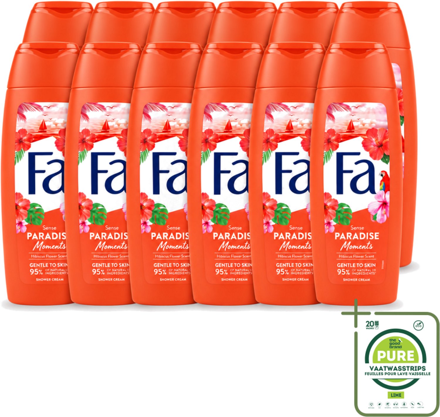 12 x Fa - Paradise Moments - Douchecrème - Hibiscusbloem - 250 ml - Grootverpakking - Vaatwasstrips - Douchecrème Hibiscusbloem - Vegan Douchecrème - Huidverzorgende Douchecrème - Hibiscusbloem Geur - Duurzame Douchecrème