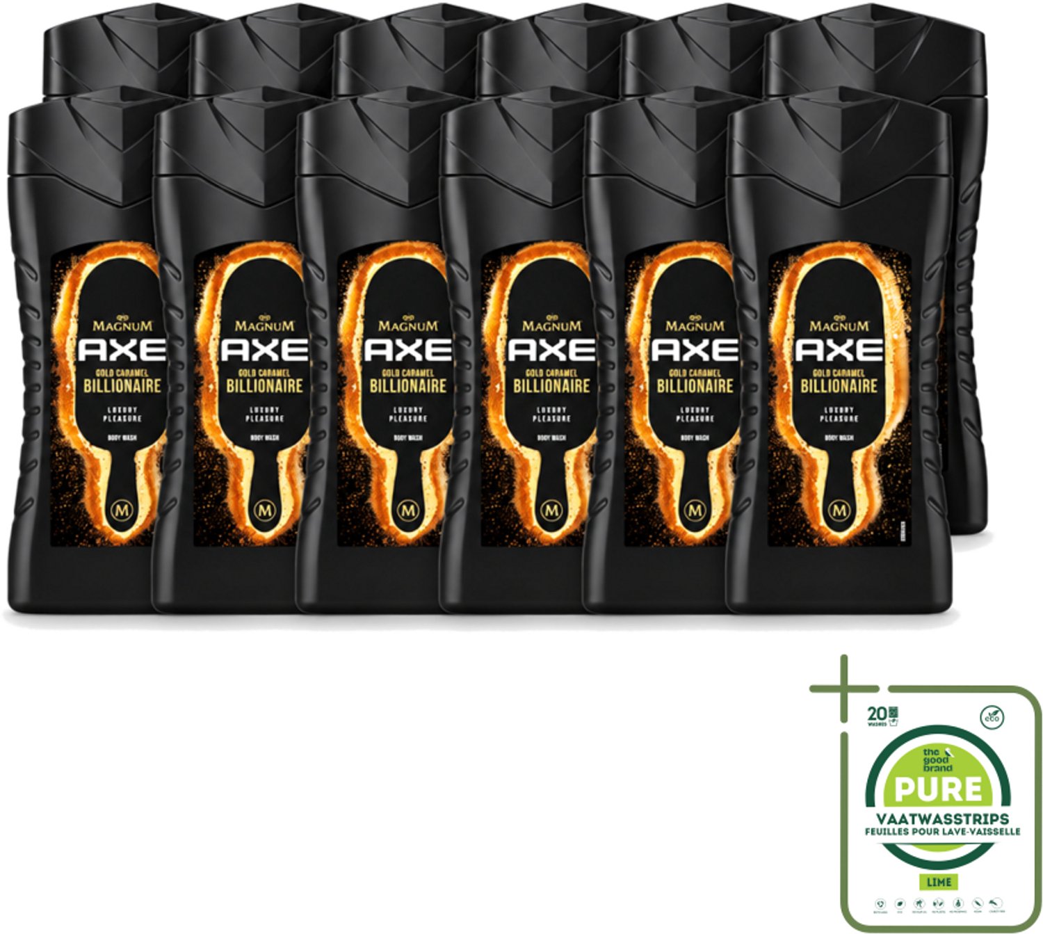 12 x Axe X Magnum - Douchegel - Gold Caramel Billionaire - 250 ml - Grootverpakking - Vaatwasstrips - Douchegel - Lichaam - Gezicht - Haar - Chocolade