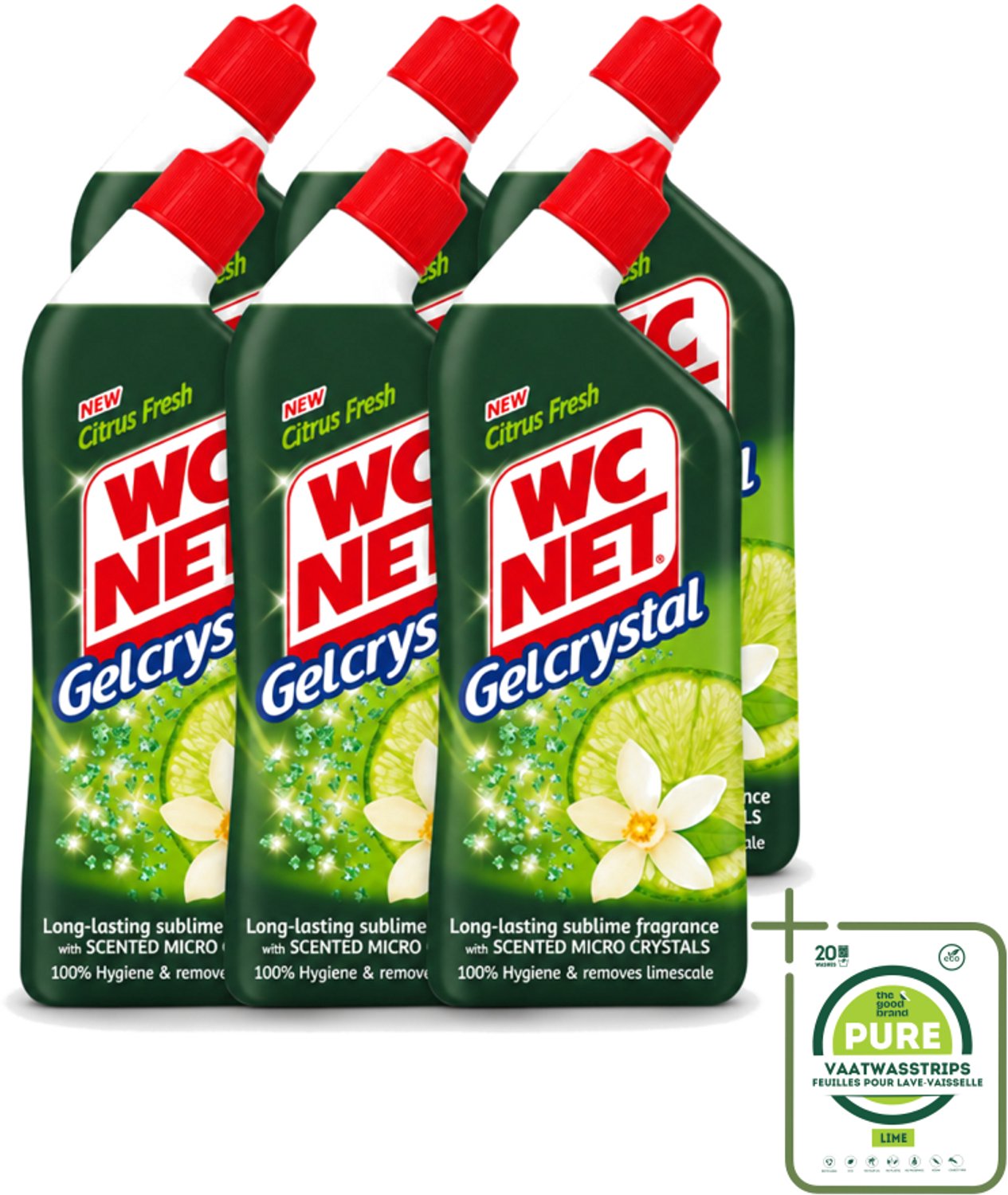 6 x WC Net - Toiletreiniger - Gel - Citrusgeur - Ontkalkt - 750ml - Grootverpakking - Vaatwasstrips - WC Net Gel - Toilet Reiniger - Ontzorging - Kalkaanslag - Toilet Reinigen