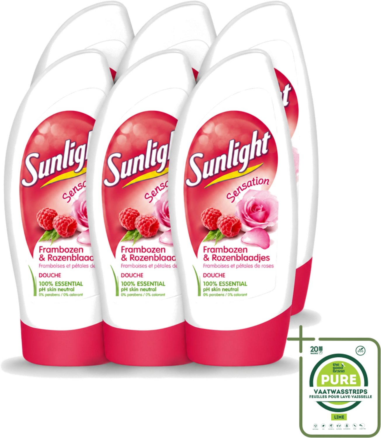 6 x Sunlight - Douchegel - PH Neutraal - Rozen En Frambozen - 250 ml - Grootverpakking - Vaatwasstrips - Douchegel - Zachte Reiniging - PH Neutraal - Roze Geur - Frambozen Geur