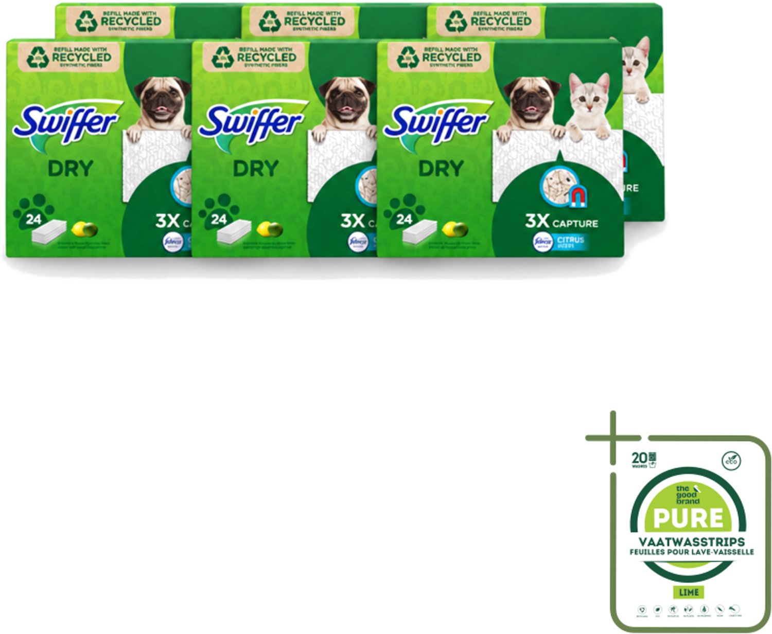 6 x Swiffer Dry - Vloerdoekjes - Navulling - Febreze Citroengeur - 24 Doekjes - Grootverpakking - Vaatwasstrips - Vloerdoekjes - Schoonmaken - Stof Vangen - Vuil Vangen - Haren Vangen