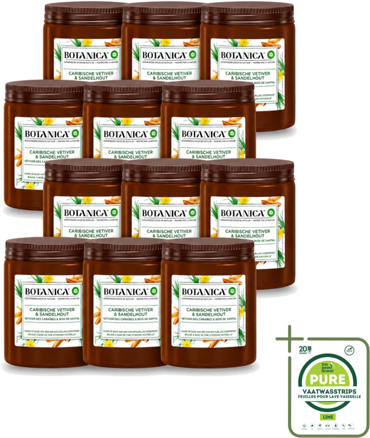 Air Wick 12 x Botanica by Air Wick - Geurkaars - Vetiver & Sandelhout - 40 Uur Brandduur - Grootverpakking - Vaatwasstrips - Geurkaars Vetiver Sandelhout - Vetiver Geur - Sandelhout Geur - Geurkaars 40 Uur - Botanica Geurkaars Bruin