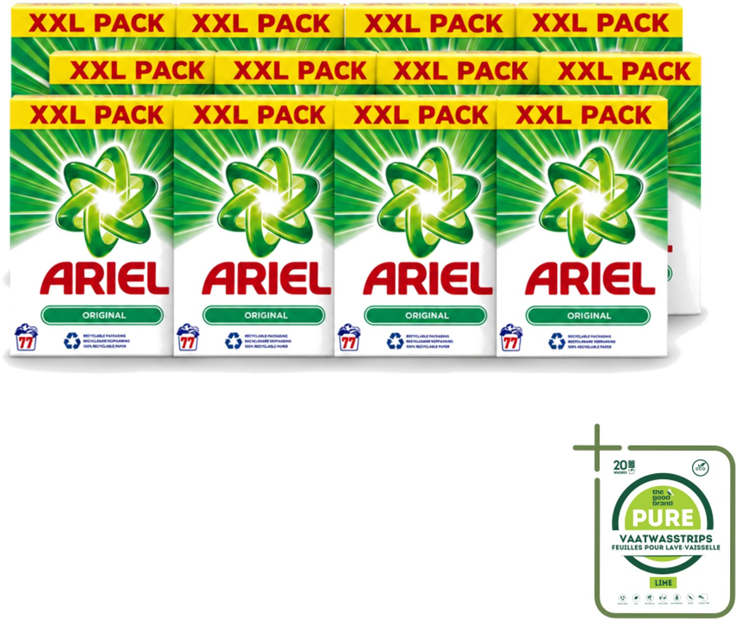 12 x Ariel Original XXL - Waspoeder - Witte en Lichtgekleurde Was - 77 Wasbeurten - Grootverpakking - Vaatwasstrips - Waspoeder - Wasmiddel - Vlekverwijdering - Witte Kleding - Lichtgekleurde Kleding