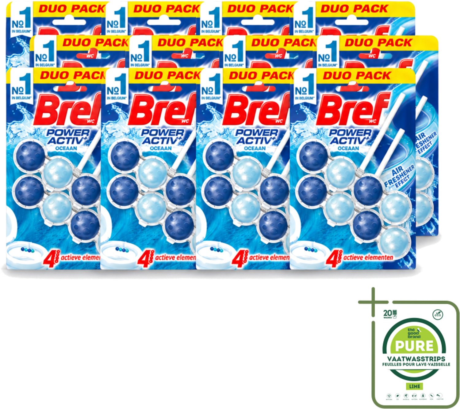 12 x Bref WC - Power Activ+ - Toiletblok - Oceaan - 2 Blokken - Grootverpakking - Vaatwasstrips - Toilet Reinigen - Toilet Schoon Houden - Toilet Reinigingsblok - Oceaan Geur - Anti-kalk Toilet