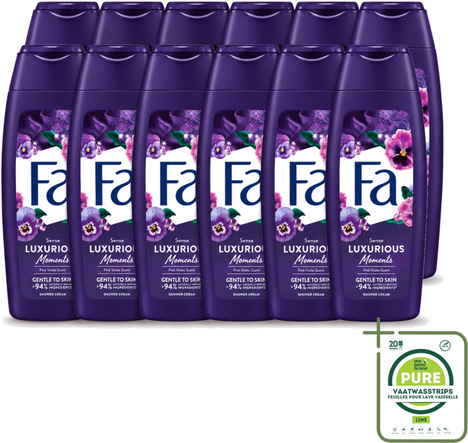 12 x Fa - Luxurious Moments - Douchecrème - Roze Viooltjes - 250 ml - Grootverpakking - Vaatwasstrips - Douchecrème - Roze Viooltjes - Luxe Douchecrème - Huidverzorging - Geur Van Roze Viooltjes