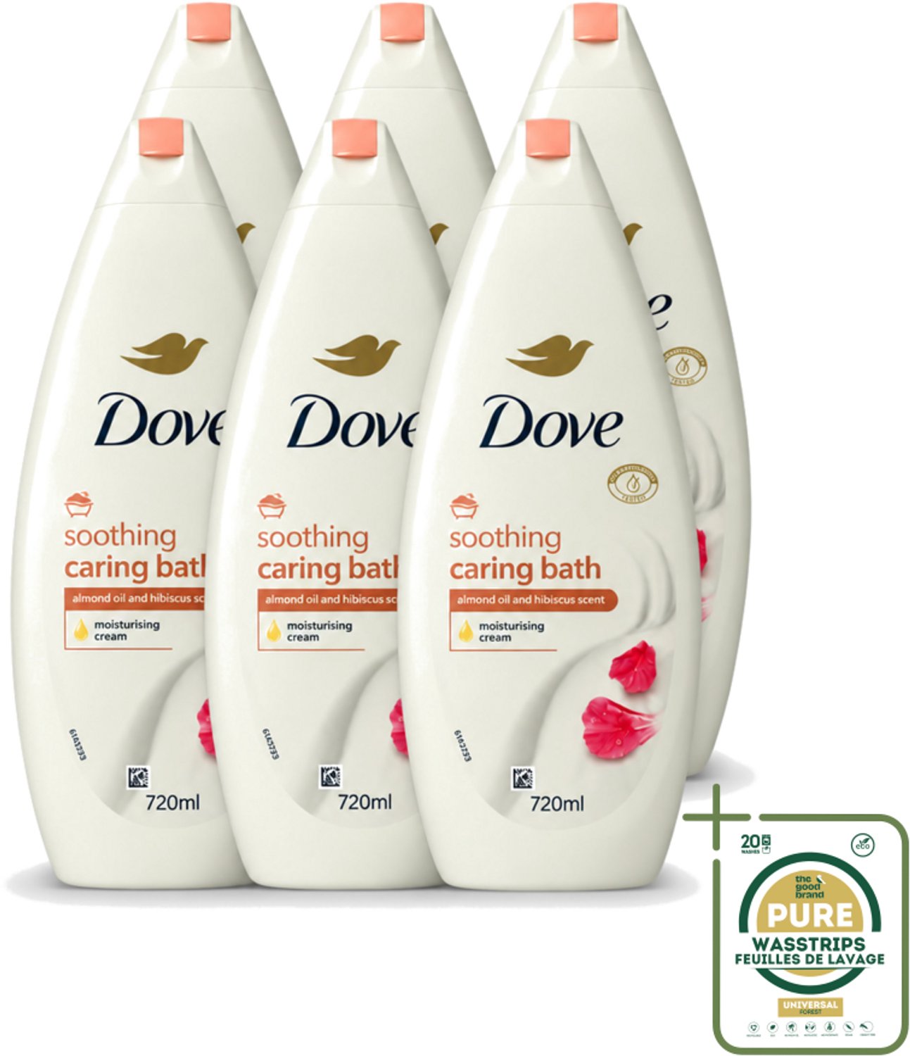 6 x Dove – Badcrème – Soothing Almond Oil & Hibiscus – 720 ml - Wasstrips - Douchegel - Huidverzorging - Kalmerend - Schuim - Amandelolie