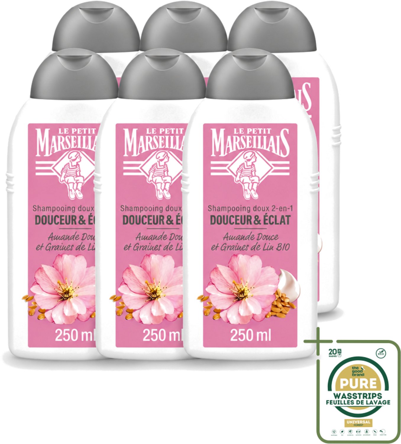 6 x Le Petit Marseillais – Shampoo – Amande Douce & Graines de Lin Bio – 250 ml - Wasstrips - Shampoo Amande Douce - Shampoo Linzaad - Shampoo Bio - Shampoo Voor Fijn Haar - Shampoo Voor Normaal Haar