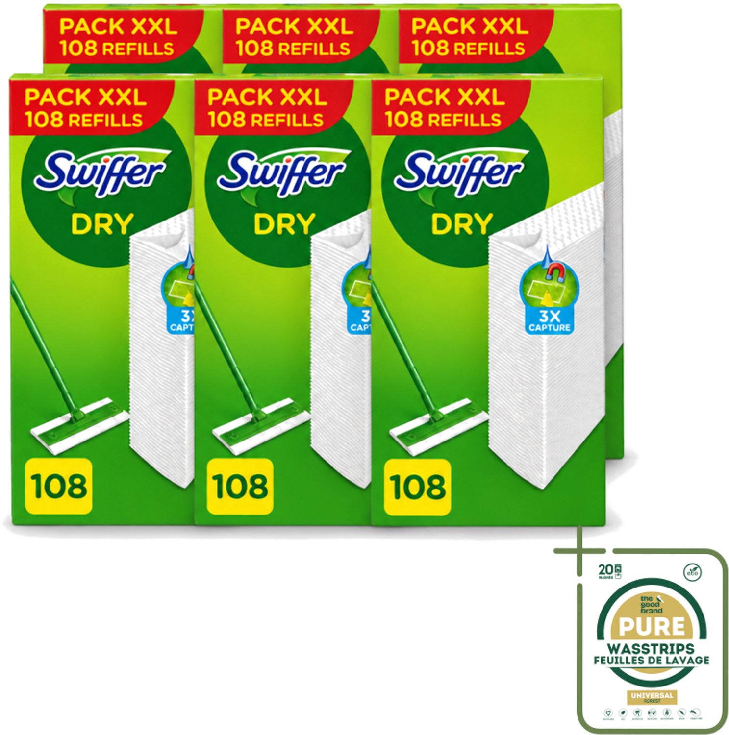6 x Swiffer – Vloerdoekjes – Dry Navullingen – 108 doekjes - Wasstrips - Vloerdoekjes - Schoonmaken - Stofzuigen - Haren Verwijderen - Droge Vloerdoekjes