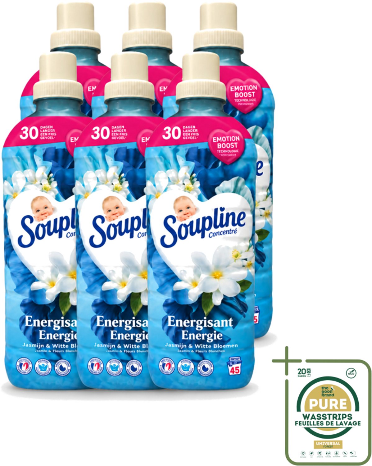 6 x Soupline – Wasverzachter – Energie Jasmijn & Witte Bloemen – 950 ml - Wasstrips - Wasverzachter - Jasmijn - Witte Bloemen - Fris - Energie