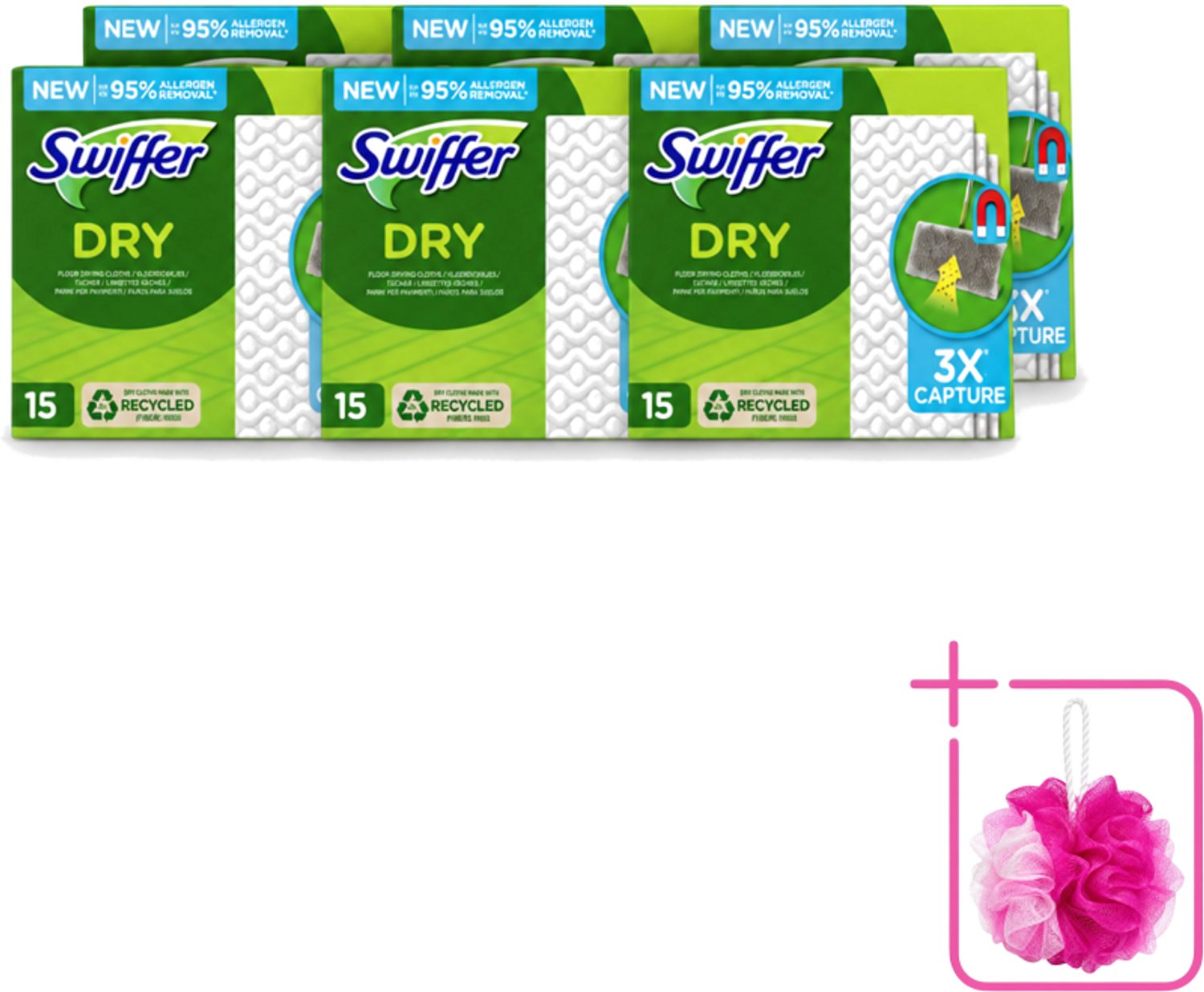 6 x Swiffer Dry - Vloerdoekjes - Navulling - Gerecyclede Fibers - 15 Doekjes - Bulkverpakking - Stofwisdoekjes - Douchemop - Stof opnemen