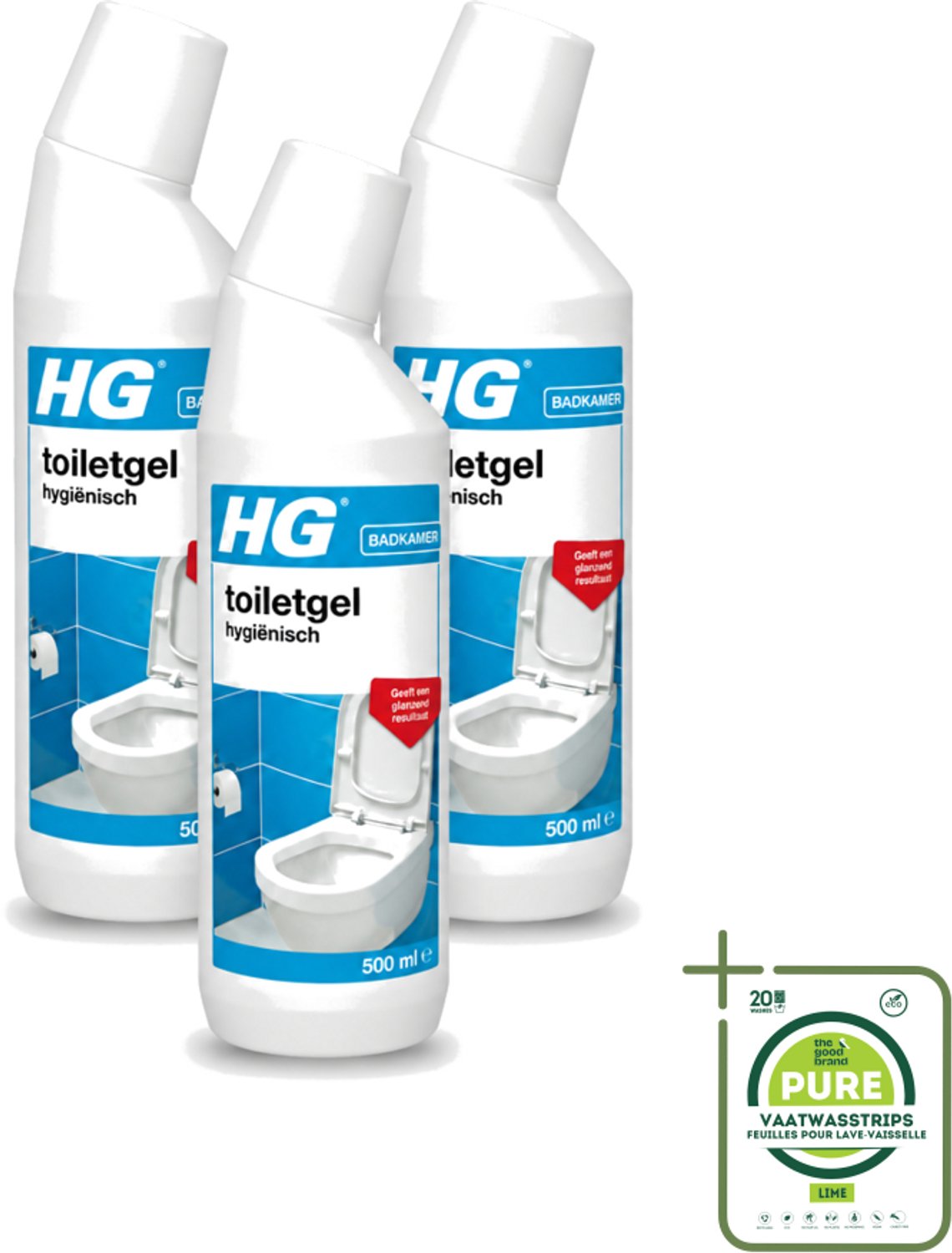 3 x HG - Badkamer - Toiletgel Hygiënisch - Geeft Een Glanzend Resultaat - 500 ml - Grootverpakking - Vaatwasstrips - Toiletgel - Hygiëne - Reinigen - Kalkaanslag - Vuil