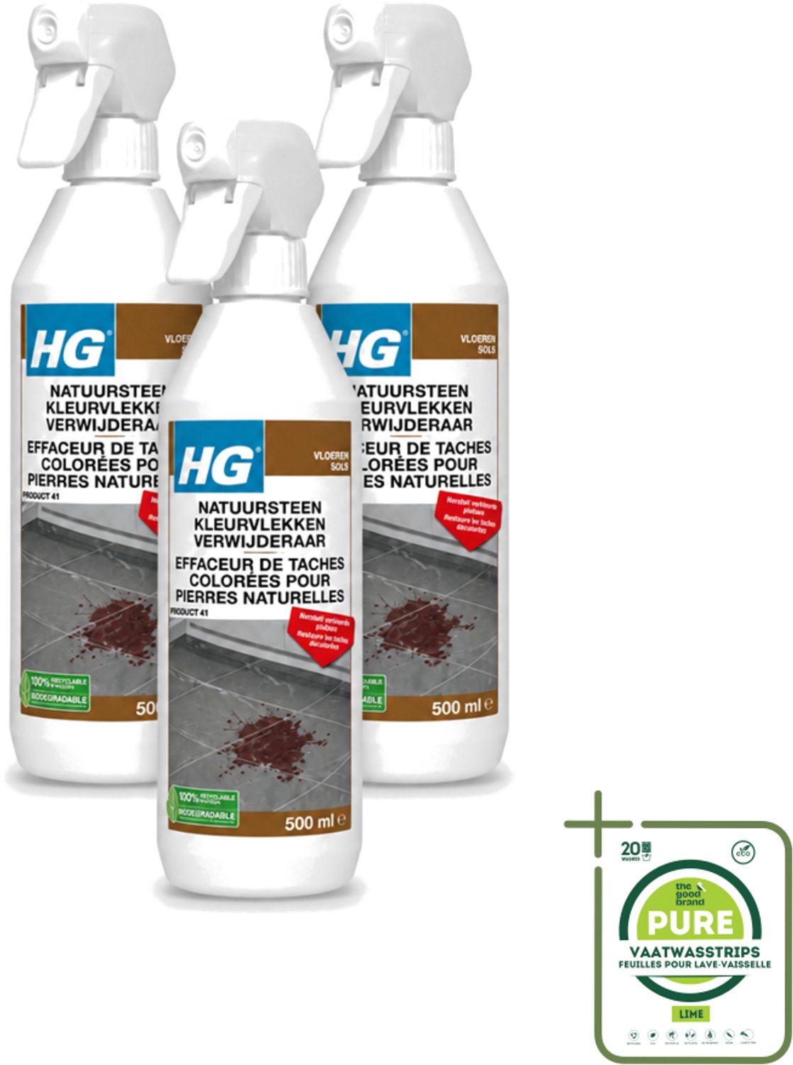 3 x HG - Natuursteen Kleurvlekken Verwijderaar - Hersteld Verkleurde Plekken - 500 ml - Grootverpakking - Vaatwasstrips - Natuursteen Vlekkenverwijderaar - Vlekken Verwijderen - Marmer Vlekken - Natuursteen Reinigen - Kleur Herstellen