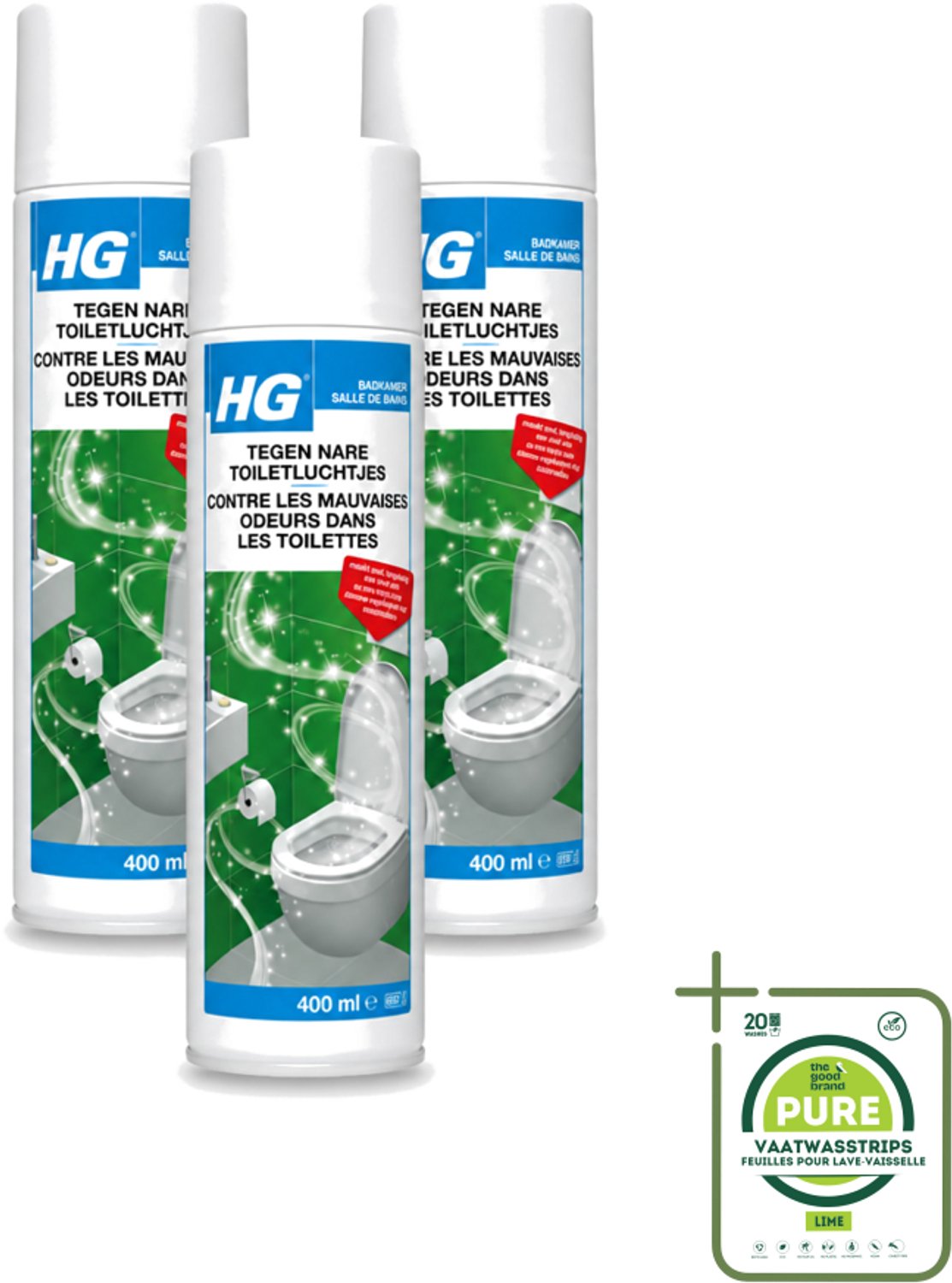 3 x HG - Tegen Nare Toiletluchtjes - Neutraliseert Alle Luchtjes - Natuurlijk Zuiveringsproces - 400 ml - Grootverpakking - Vaatwasstrips - Toiletlucht Neutraliseren - Nare Geur Weg - Lucht Reinigen - Geur Neutraliseren - Badkamer Geur