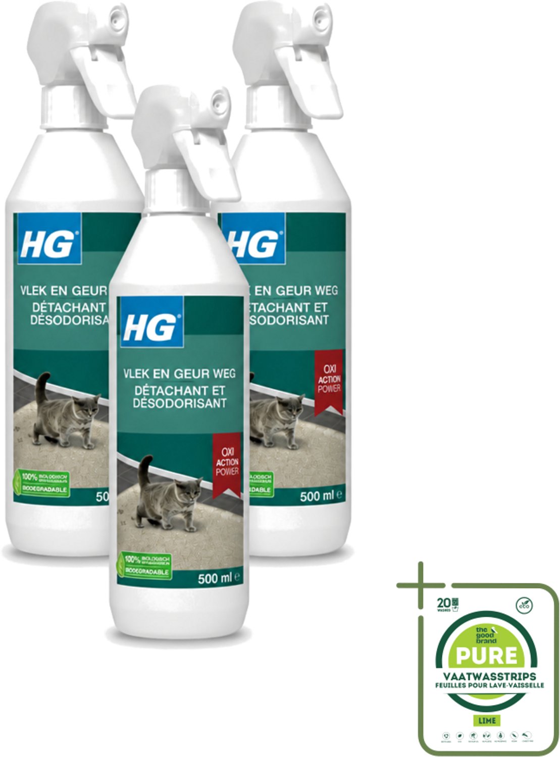 3 x HG - Vlek & Geur Weg - Tegen Kattengeuren- Oxi Action Power - 100% Biologisch - 500 ml - Grootverpakking - Vaatwasstrips - Vlek Verwijderen - Geur Weg - Katten Vlek - Katten Geur - Tapijt Reinigen