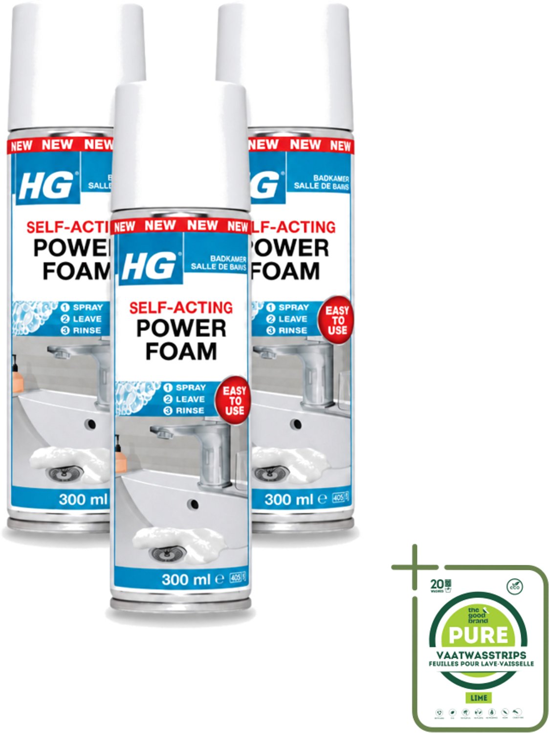 3 x HG - Badkamer - Badkamerreiniger - Power Foam Badkamer - Zelf-Activerend - 300 ml - Grootverpakking - Vaatwasstrips - Badkamerreiniger - Schuimreiniger - Kalkaanslag - Zeepresten - Tegelreiniger