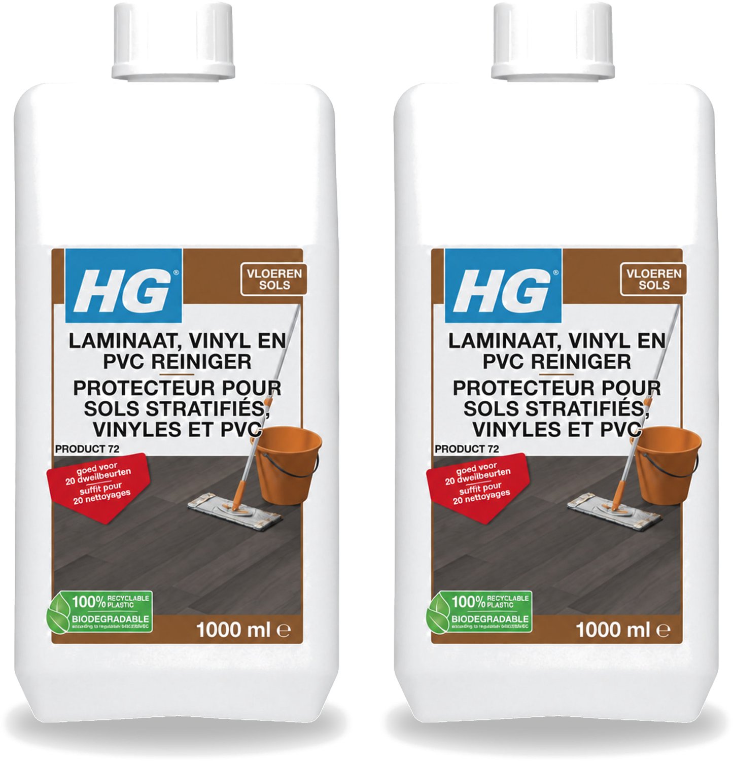 2 x HG - Laminaat, Vinyl & PVC Reiniger - Frisse Geur - Reinigt Streeploos - 20 Dweilbeurten - 1L - Voordeelverpakking - 2 stuks