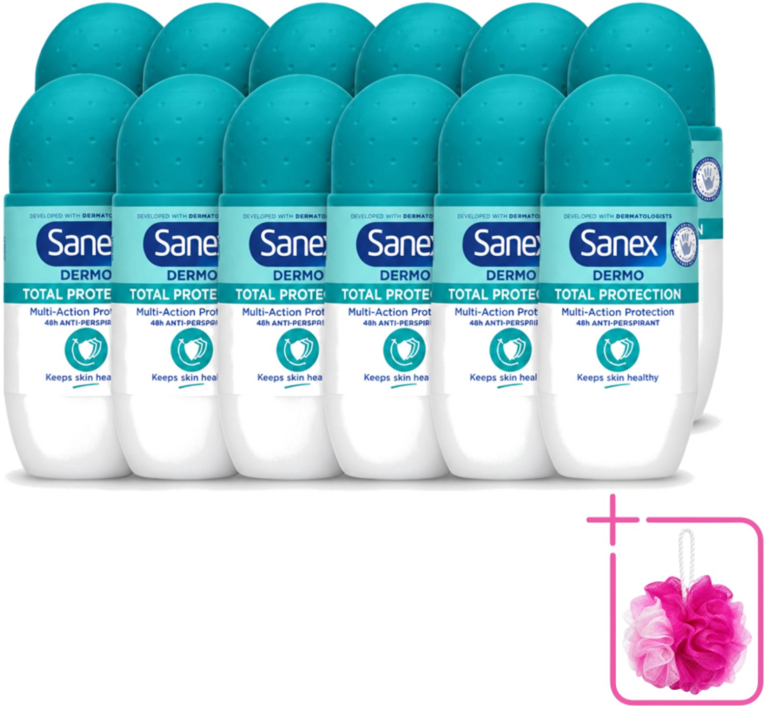 12 x Sanex – Deodorant Roll-On – Dermo Total Protection – 50 ml - Bulkverpakking - Douche - Douchemop - Deodorant roll-on