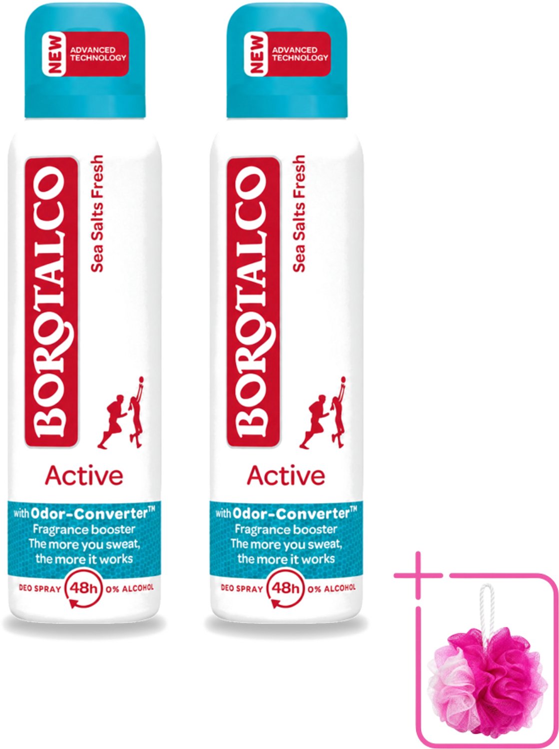 2 x Borotalco - Deodorant Spray - Active - Sea Salts Fresh - 0% Alcohol - 150 ml - Bulkverpakking - Zweetgeur bestrijding - Douchemop - Zeezout geur