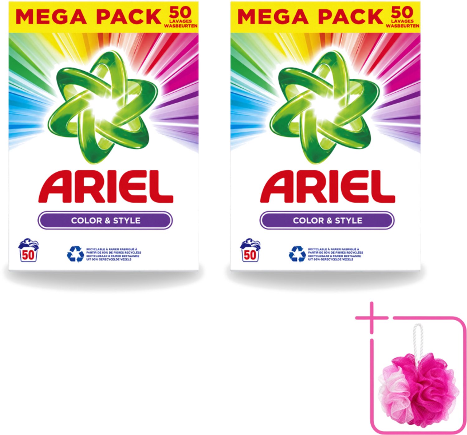 2 x Ariel Color & Style - Waspoeder - Gekleurde Was - 50 Wasbeurten - Bulkverpakking - Kleurverzorging - Douchemop - Waspoeder